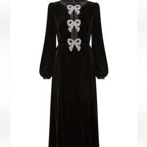 Saloni Camille Velvet Embellished Bows Dress in Black